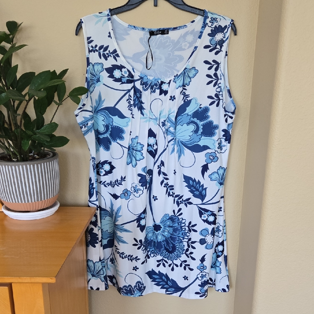 Floral Sleeveless Top In Blue And White